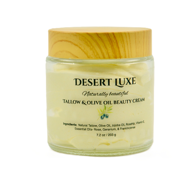 Jar of Desert Luxe tallow and olive oil beauty cream with a wooden lid on a white background